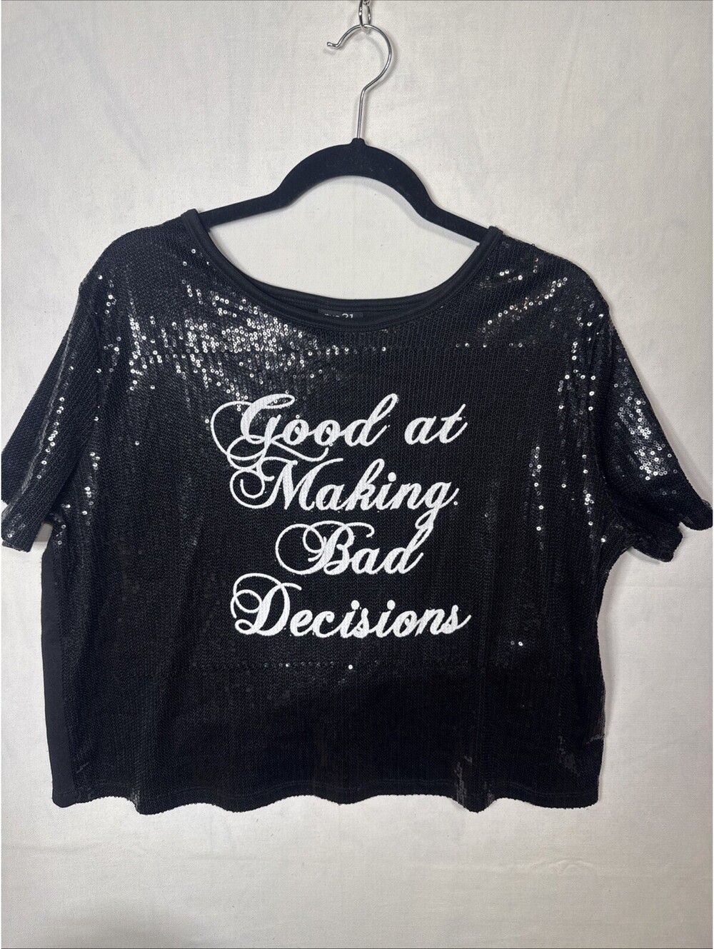 Rue21 Black Sequin Crop Top Good At Making Bad Decisions Graphic Shirt Large